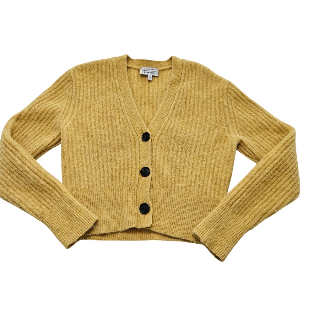 & Other Stories Alpaca Wool Blend Ribbed Cropped Cardigan Mustard Yellow Sz S
